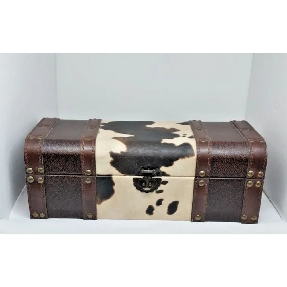 Faux Cowhide Leather Jewelry Box Brown Felt Lining 12